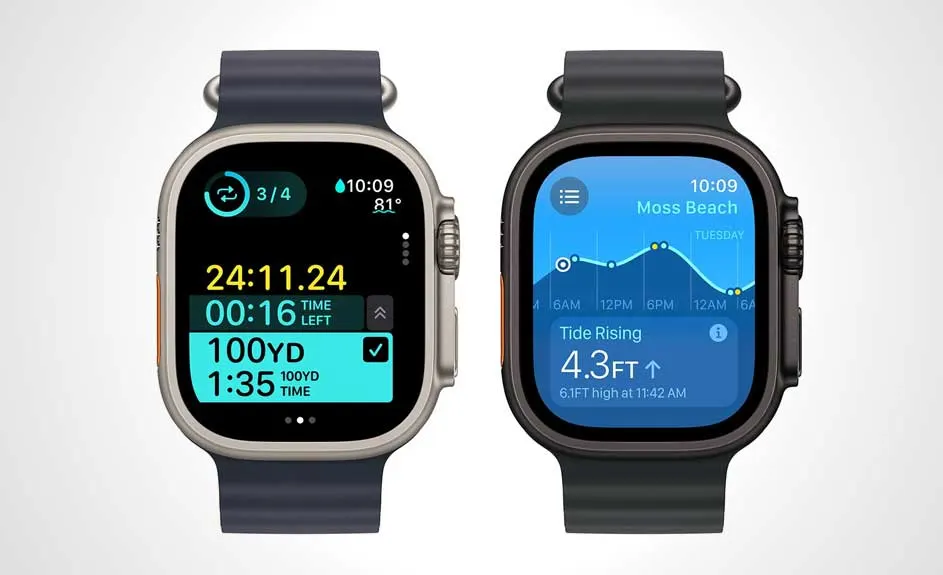 Deux montres intelligentes affichent des informations : l'une un chronomètre, l'autre les marées à Moss Beach. Les deux ont des bracelets foncés.