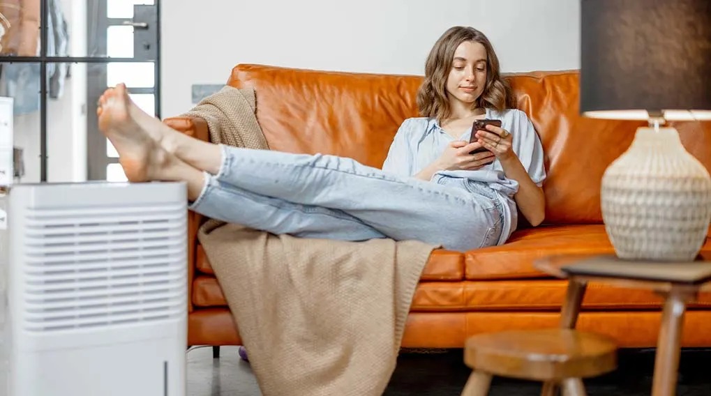 Une pièce avec un canapé en cuir marron, un déshumidificateur blanc, une table en bois et une lampe.