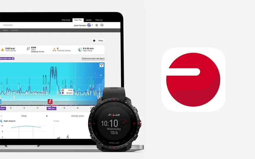 Ordinateur portable affichant des graphiques de données, avec une montre noire en premier plan et un logo d'application rouge.