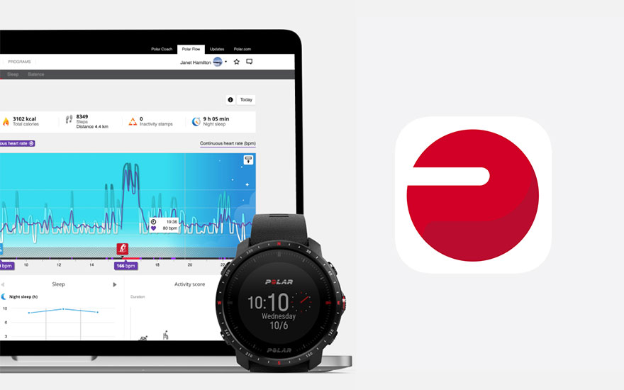 Ordinateur portable affichant des graphiques de données, avec une montre noire en premier plan et un logo d'application rouge.