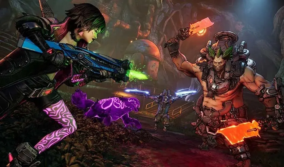 Ceci est un jeu vidéo. Une femme armée futuriste, un animal violet et un ennemi musclé avec des épées en feu se battent. Marque : Borderlands 3.