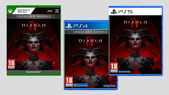 Trois boîtiers de jeu Diablo IV : Xbox (vert), PS4 (bleu) et PS5 (bleu). Les boîtiers présentent une illustration rouge d'un personnage démoniaque.
