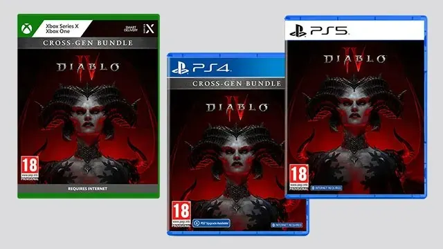 Trois boîtiers de jeu Diablo IV : Xbox (vert), PS4 (bleu) et PS5 (bleu). Les boîtiers présentent une illustration rouge d'un personnage démoniaque.