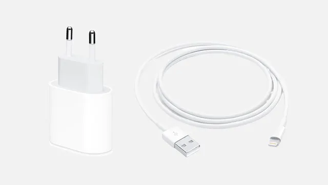 Un chargeur blanc avec une prise européenne et un câble USB enroulé, sur fond blanc.