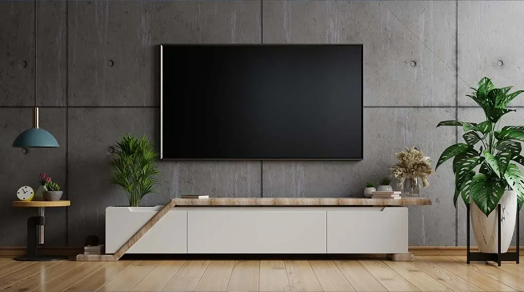 Salon avec TV noire sur mur en béton. Meuble blanc avec plantes vertes. Plancher en bois clair. Lampe bleue sur table.