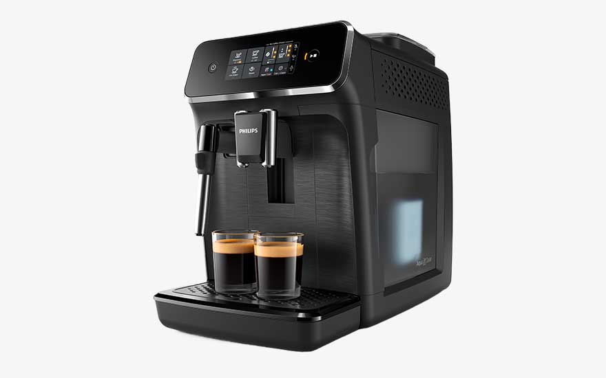 A black Philips coffee machine with a touchscreen pours two espressos at once, with its milk frother visible on the side.