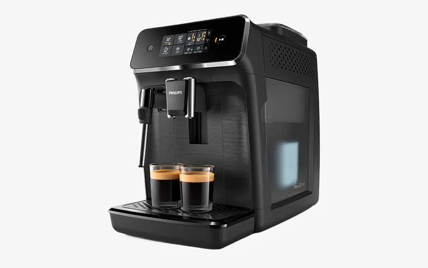 A black Philips coffee machine with a touchscreen pours two espressos at once, with its milk frother visible on the side.