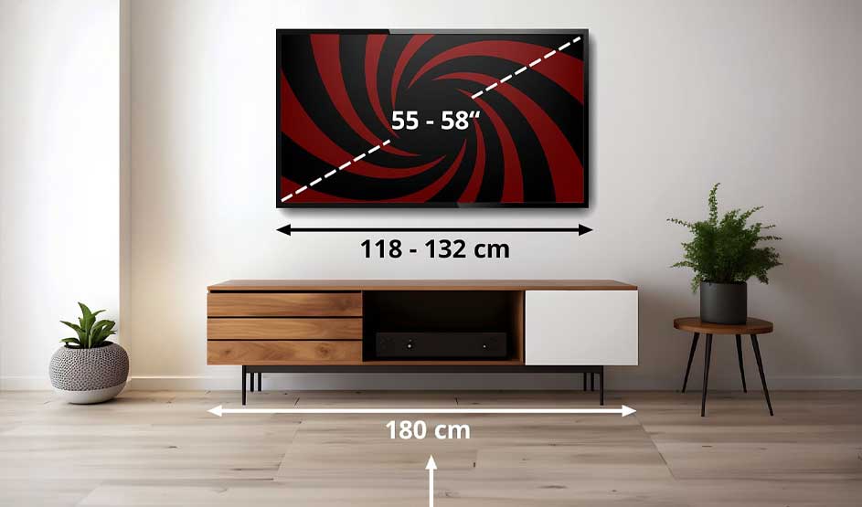 Une télévision avec indications de taille est accrochée au mur ; dessous se trouve un meuble en bois dans une pièce minimaliste avec deux plantes.