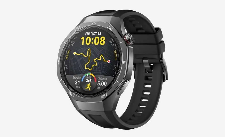 Een zwarte smartwatch toont een scherm met de tijd 10:08, datum 18 oktober, trainingsduur 31 min en afstand 5 km op een witte achtergrond.