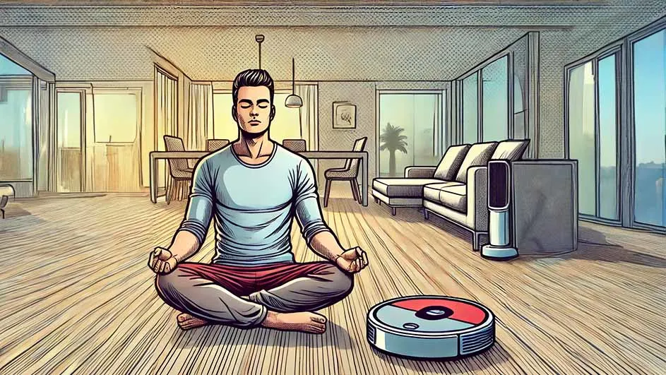 Een kamer met houten vloer, een robotstofzuiger en meubels. Een man zit in lotushouding op de vloer.