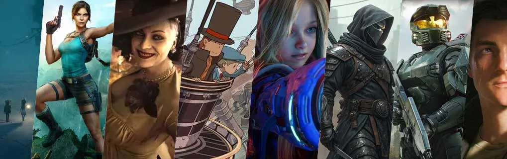 A collage of iconic game heroes, from explorers to armoured soldiers, lined up together in a bright, dynamic banner.