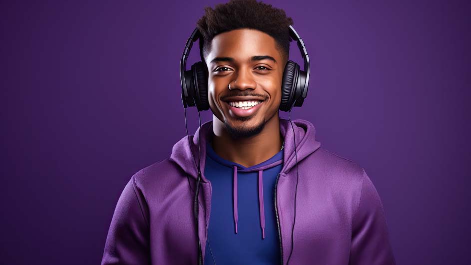 Un casque noir sur un fond violet. Il porte un sweat à capuche violet sur un t-shirt bleu.