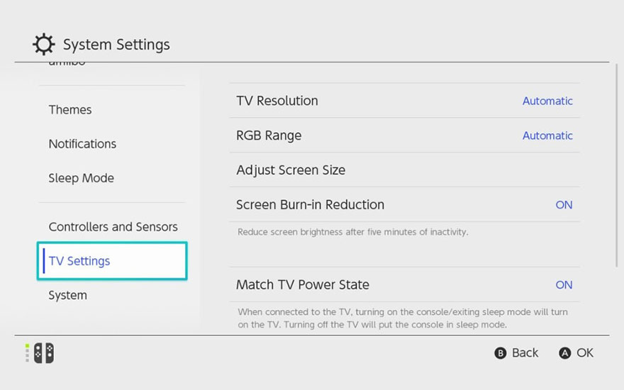 Systeeminstellingen menu met opties zoals thema's, meldingen, slaapstand en tv-instellingen geselecteerd. TV resolutie staat op automatisch.