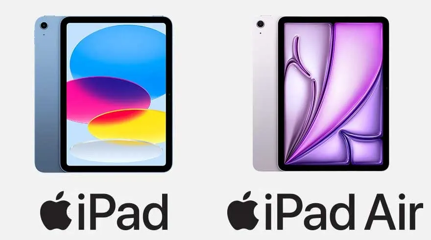 Deux iPad sur fond blanc. L'un est bleu avec un écran coloré, l'autre est mauve avec un design abstrait. Marques "iPad" et "iPad Air".