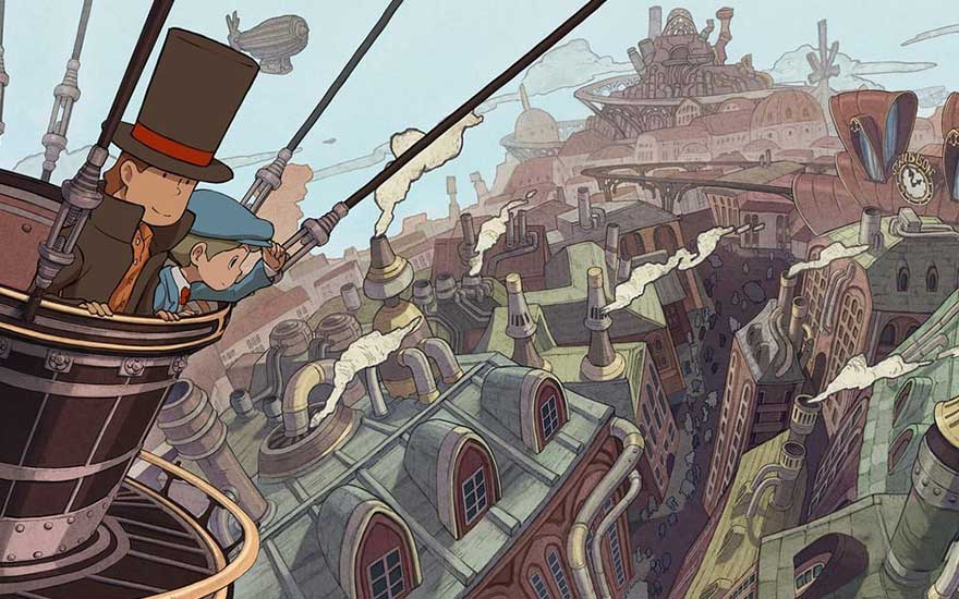 High in a balloon basket, the man and boy look out over a sprawling steam city packed with rooftops, chimneys and winding streets.