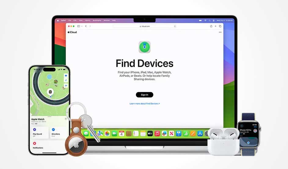 Un ordinateur portable affiche "Find Devices", avec un iPhone, des Airpods, une Apple Watch et un AirTag à proximité.