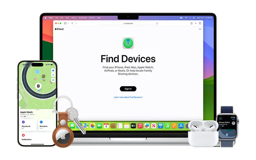 Un ordinateur portable affiche "Find Devices", avec un iPhone, des Airpods, une Apple Watch et un AirTag à proximité.