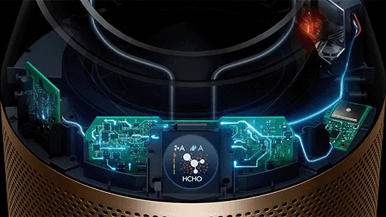 Doorsnede van een luchtzuiveraar, met interne elektronica en een display met HCHO-molecuulweergave. Gouden, geperforeerde buitenkant.