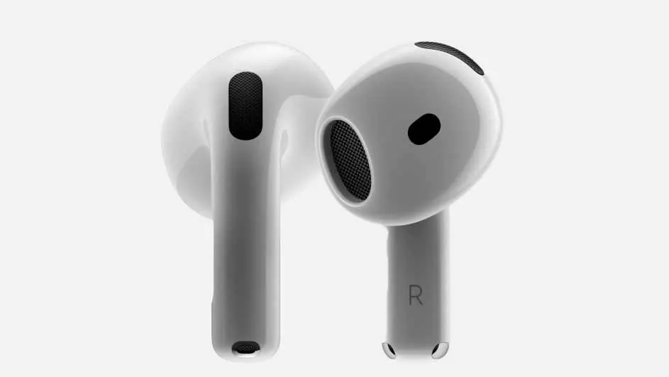 Deux écouteurs blancs avec embouts noirs sur fond blanc. L'écouteur droit porte la lettre "R".