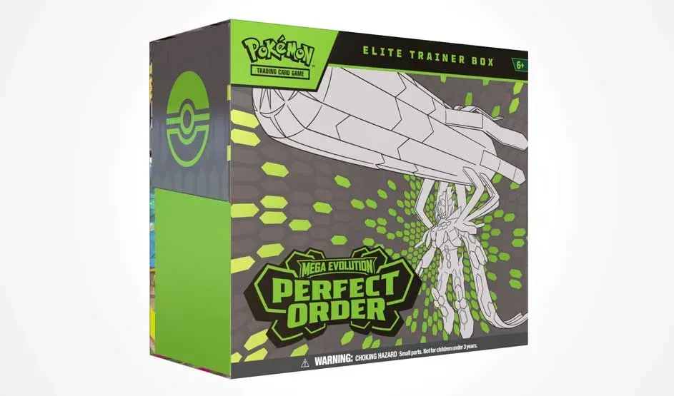 Une boîte Pokémon Elite Trainer verte et noire se détache sur fond blanc, avec une créature futuriste et le logo Perfect Order.