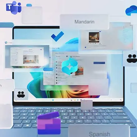 Un ordinateur portable affiche plusieurs fenêtres de logiciels avec des icônes bleues sur un fond bleu clair.