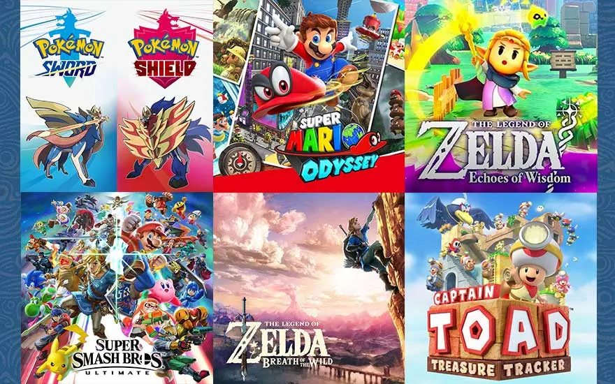 Een overzicht van zes Nintendo Switch-gamehoesjes, waaronder Pokémon, Mario, Zelda en Captain Toad.
