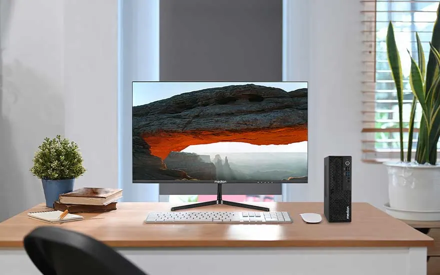 Een opgeruimd bureau toont een ultrabrede monitor met een rotsachtig landschap, een compacte pc, toetsenbord, muis en planten.