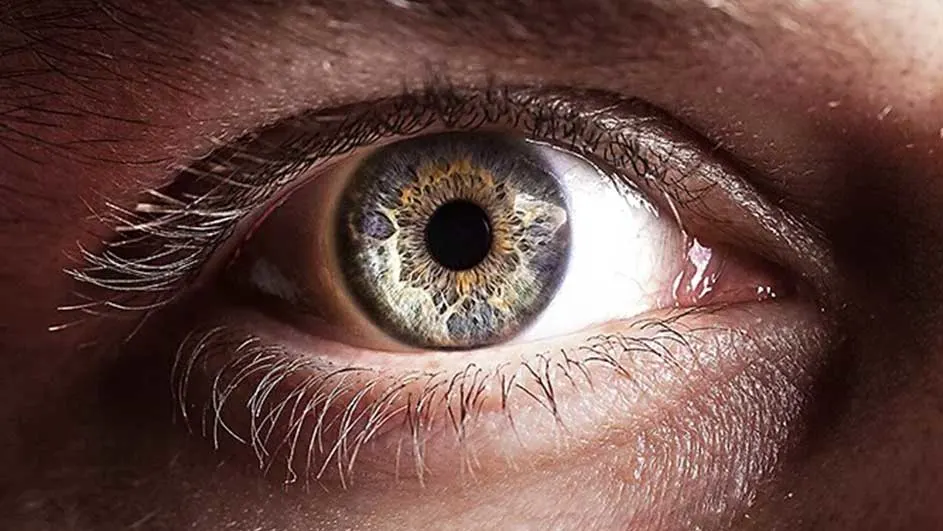 Nauw close-up van een menselijk oog met een iris in blauw, goud en bruin, omringd door wimpers.