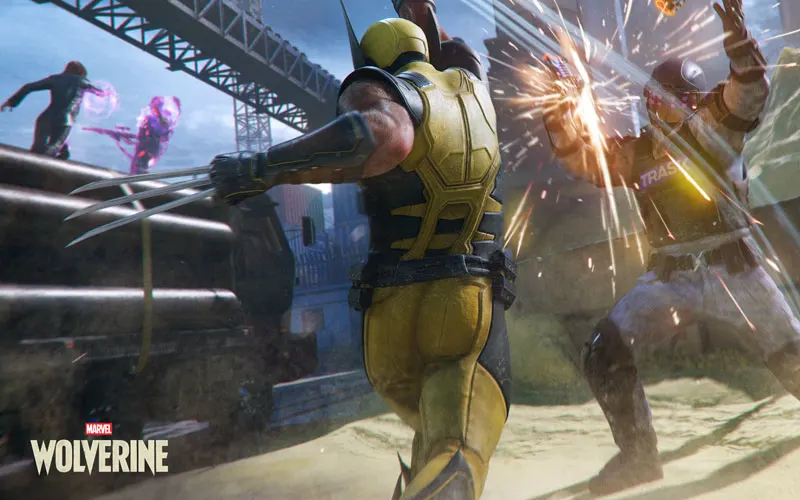 Scène énergique: Wolverine en tenue jaune bondit, griffes sorties, frappe un ennemi blindé, étincelles jaillissent sous un pont en plein jour.