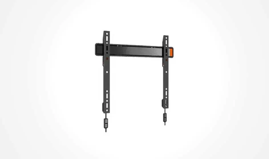 A black metal TV wall mount is shown against a white background. It consists of two vertical rails and a sturdy horizontal support.
