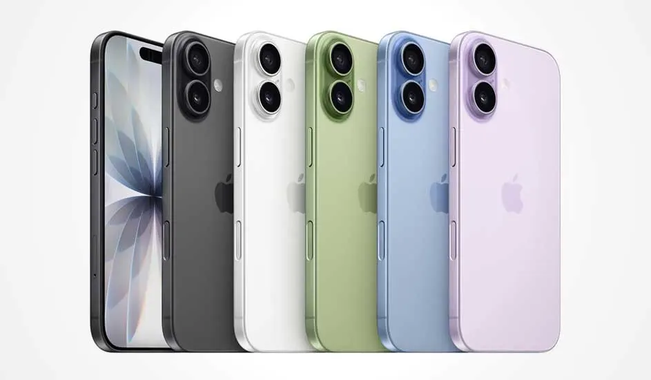 A line of sleek smartphones in pastel shades, all with dual rear cameras, neatly arranged against a clean white backdrop.