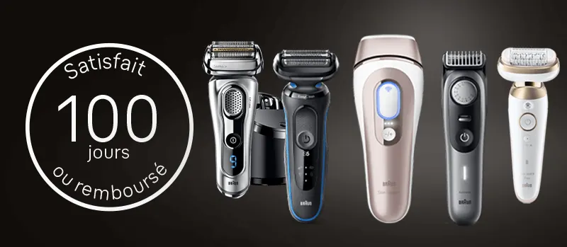 La photo montre cinq rasoirs et appareils d’épilation différents de Braun, avec une garantie « 100 jours satisfait ou remboursé » à gauche.