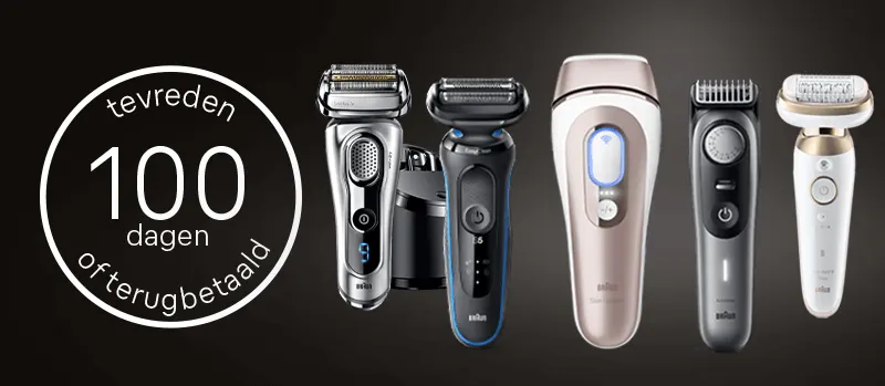 Op de afbeelding zie je vijf verschillende Braun scheerapparaten en ontharingsapparaten, met links een “100 dagen tevreden of geld terug” garantie.