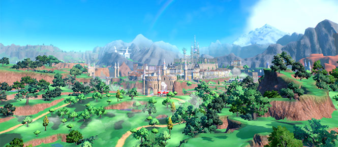 Vue d'un paysage verdoyant avec des montagnes, un ciel bleu et un château au loin.