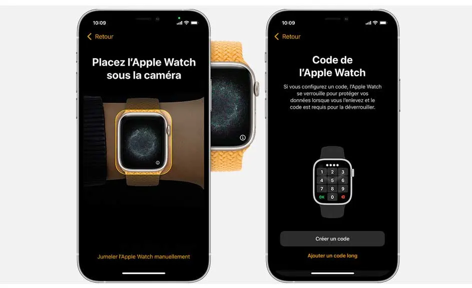 Deux iPhones affichent des écrans pour configurer une Apple Watch. L'un montre un écran de jumelage, l'autre un écran de code.