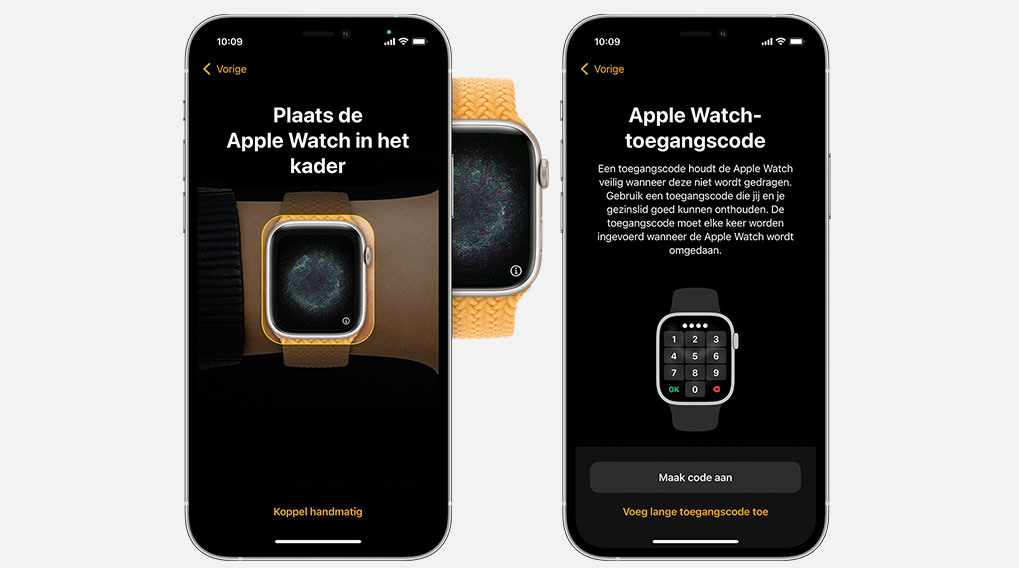 Twee iPhones tonen Apple Watch-instellingen, één met een horlogekader, de andere met een numeriek toetsenbord.