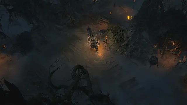 Image sombre d'un personnage dans un décor fantastique. Le personnage est illuminé, entouré d'éléments sombres et indistincts.