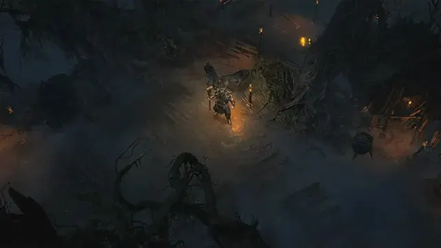 Image sombre d'un personnage dans un décor fantastique. Le personnage est illuminé, entouré d'éléments sombres et indistincts.