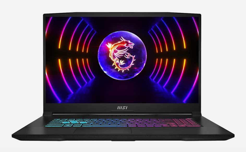 Un ordinateur portable noir est ouvert, affichant un dragon stylisé sur un écran avec des néons colorés. Le clavier est multicolore.