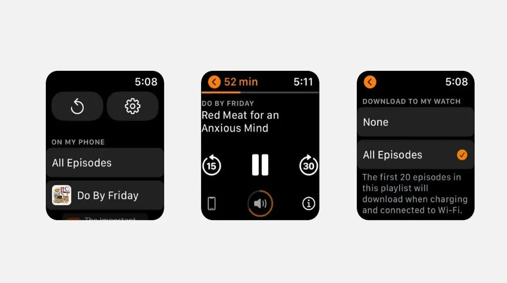 Drie zwarte schermen van een app met podcastinstellingen tegen een witte achtergrond. Elk scherm toont opties zoals afspeellijsten, downloadinstellingen en bedieningselementen.