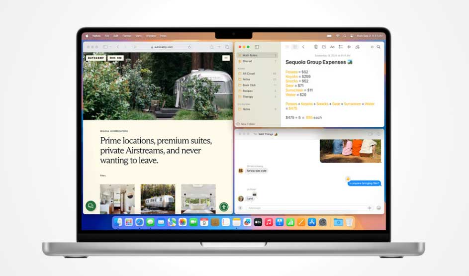 Apple MacBook shows split screen with website, notes and messages; the Apple logo and distinctive interface are visible.