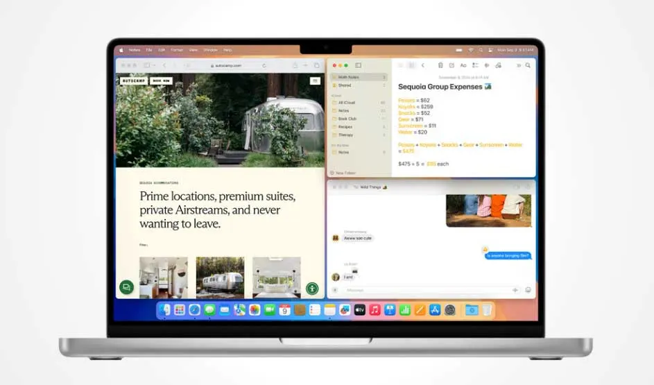Un MacBook Apple affiche un écran partagé : site web, notes et messages ; interface claire et logo Apple reconnaissable.