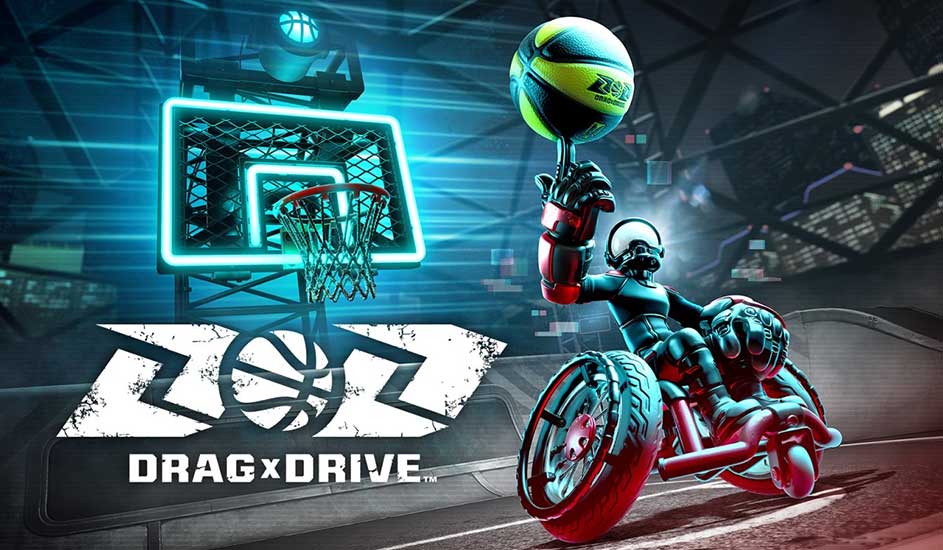 A digital rendering features a basketball hoop with a neon blue frame, a trike with red wheels, and a green basketball.