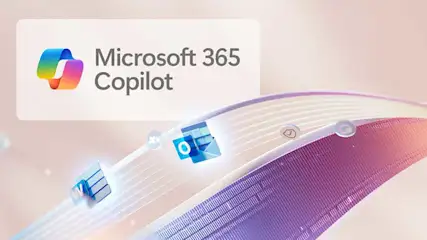 Afbeelding van Microsoft 365 Copilot met een kleurrijk lintlogo. Abstracte lijnen en pictogrammen op een zachtroze achtergrond.