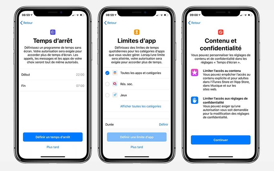 Trois écrans d'iPhone affichent les paramètres de "Temps d'arrêt", "Limites d'app" et "Contenu et confidentialité" en français.
