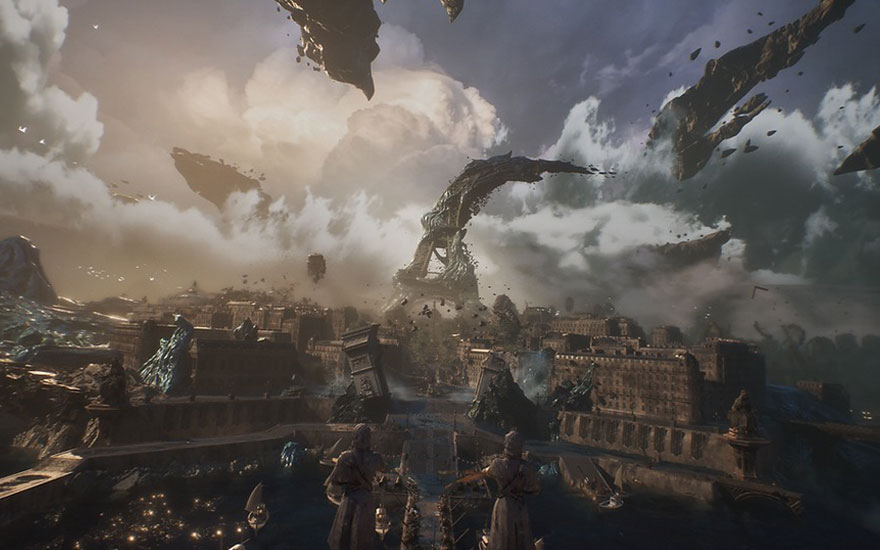 Vue d'une ville fantastique avec des bâtiments en pierre, des nuages et des rochers flottants dans le ciel.