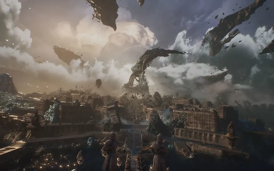 Opname van een stad met grijze gebouwen, een bewolkte lucht en zwevende rotsen.