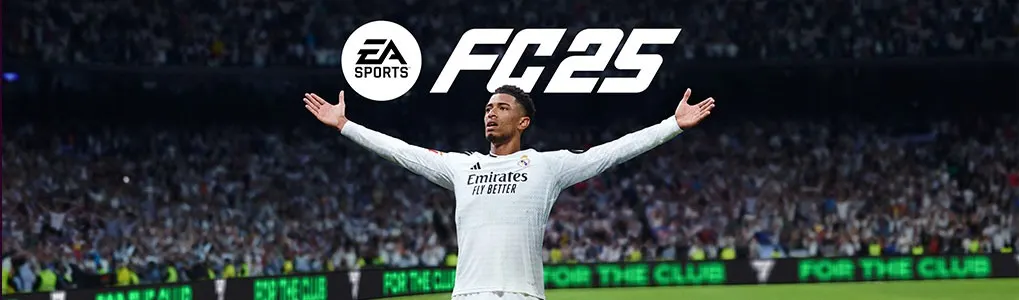 Een stadion met een speler in een wit shirt met de armen omhoog, met het EA Sports FC25 logo erboven.
