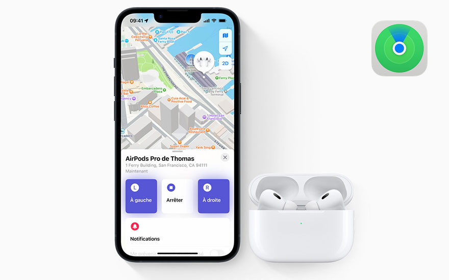 iPhone affichant une carte pour localiser des AirPods Pro dans leur boîtier blanc, avec une icône verte de localisation.