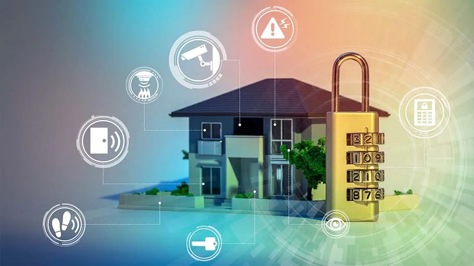 Maison avec icônes de sécurité et cadenas à combinaison, sur fond bleu et vert.